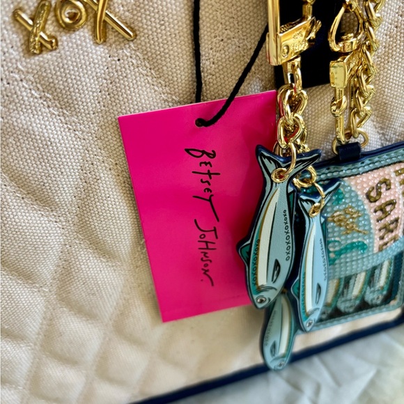 Betsey Johnson Cream and Navy Quilted Tote with Gold Charm - Picture 3 of 5